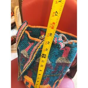 Handwoven crocheted textile boho bucket bag, Guatemalan bag w/colorful pattern.